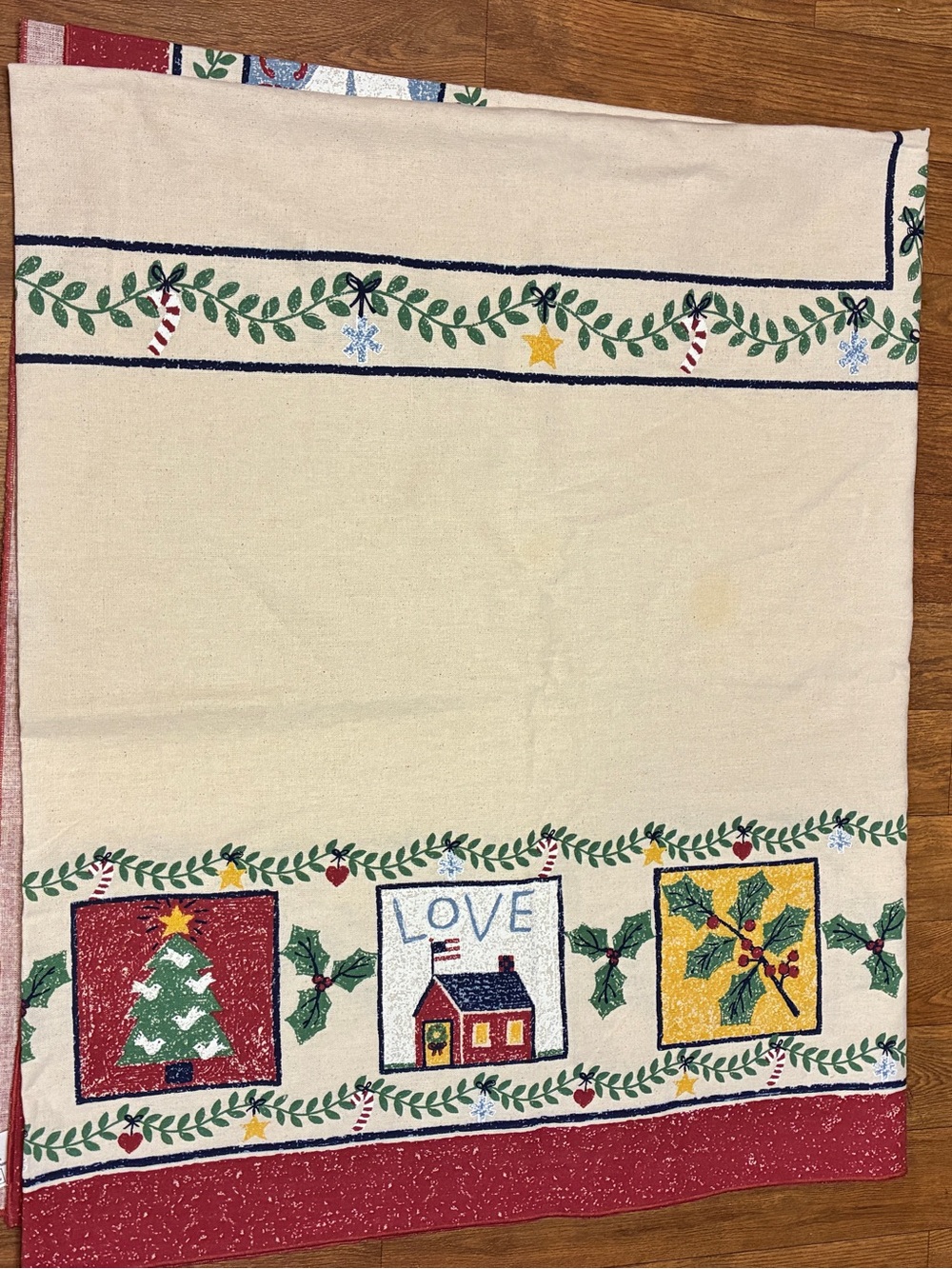 Vintage Holiday Tablecloth Karsten Terrisol Red & Cream Christmas Border Design